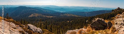 High resolution stitched panorama of a beautiful autumn or indian summer view at the famous Grosser Arber summit, Bayerisch Eisenstein, Bavarian forest, Bavaria, Germany