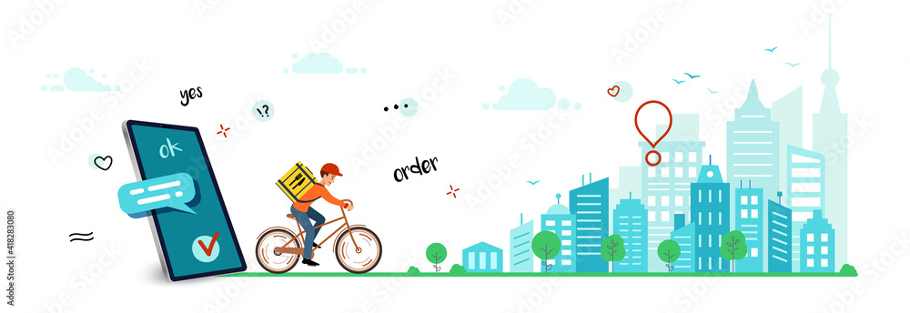 Delivery online order, horizontal banner. Courier goes around city delivering the order to buyer. Making an online order for delivery of goods or food. Vector illustration.