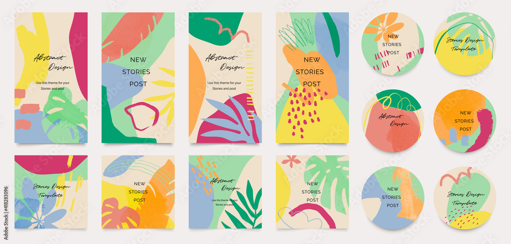 summer story templates and highlights covers vector set. Social media background design with floral and tropical leaf and colorful textures. Abstract minimal trendy style wallpaper. 