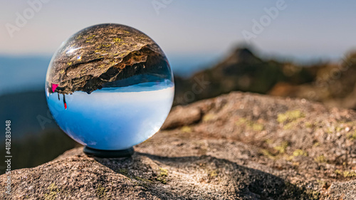 Crystal ball landscape shot at the famous Grosser Arber summit, Bayerisch Eisenstein, Bavarian forest, Bavaria, Germany
