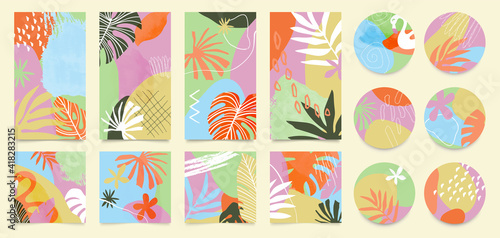 summer Stationary story templates and highlights covers vector set. Social media background design with floral and tropical leaf and colorful textures. Abstract minimal trendy style wallpaper. 