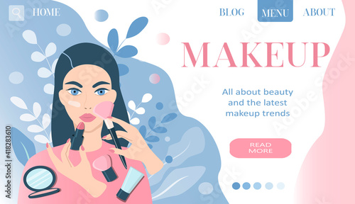 vector illustration on the theme of makeup. face of a young girl and cosmetics, makeup brushes, inscription "makeup". banner for website, flat trendy illustration for magazines and apps