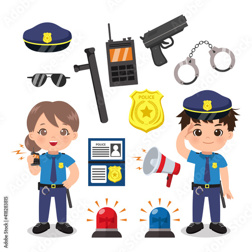 Cute female and male police officer with equipment set. Flat vector cartoon  style design isolated Stock Vector | Adobe Stock