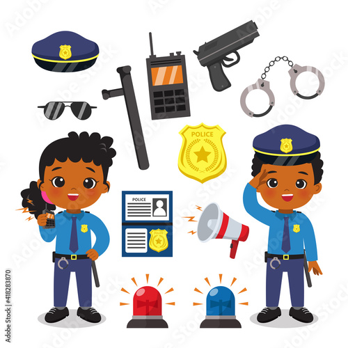 Cute female and male police officer with equipment set. Flat vector cartoon design isolated