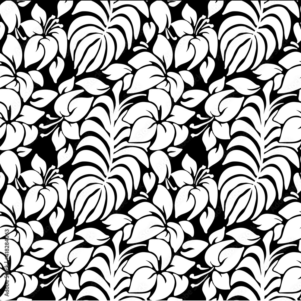 Black and white tropical leaves and flowers seamless pattern. Vector illustration. Black and white tropical leaves and flowers seamless pattern. Vector illustration.