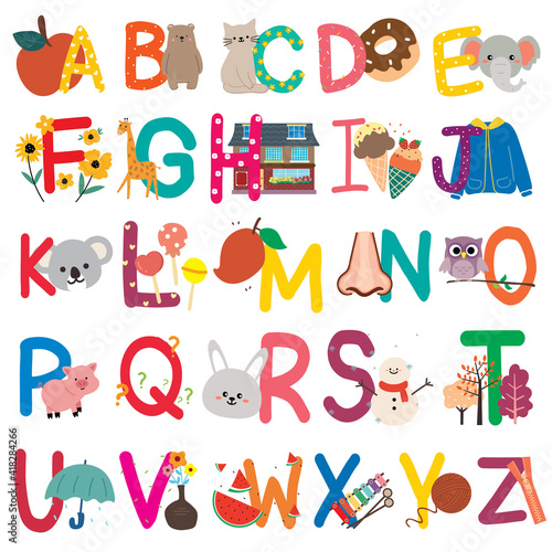 English alphabet with cute cartoon animals, flower, candy, vector illustration set.  capital letter for kids, children font.