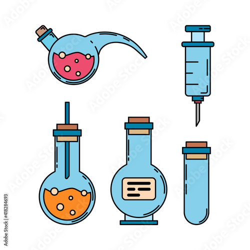 Color medical pharmaceutical icon set retort tube syringe. Professional equipment symbol. Science, pharmacy, chemistry background emblem element. Laboratory glass. Vector medical outline illustration.