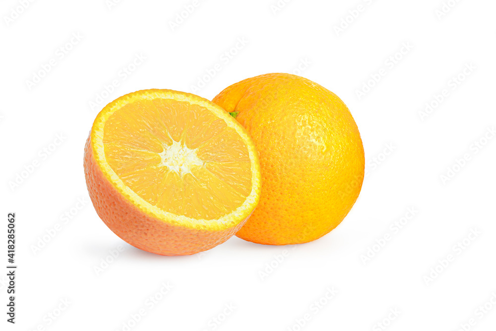 Image isolated of orange, half cut fruit and one circle fruit for food, or sweet citrus fruit with clipping path.