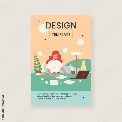 Writing job concept. Female writer writing in papers at her workplace, working at computer at home. Flat vector illustration for creative crisis, journalism, inspiration topics