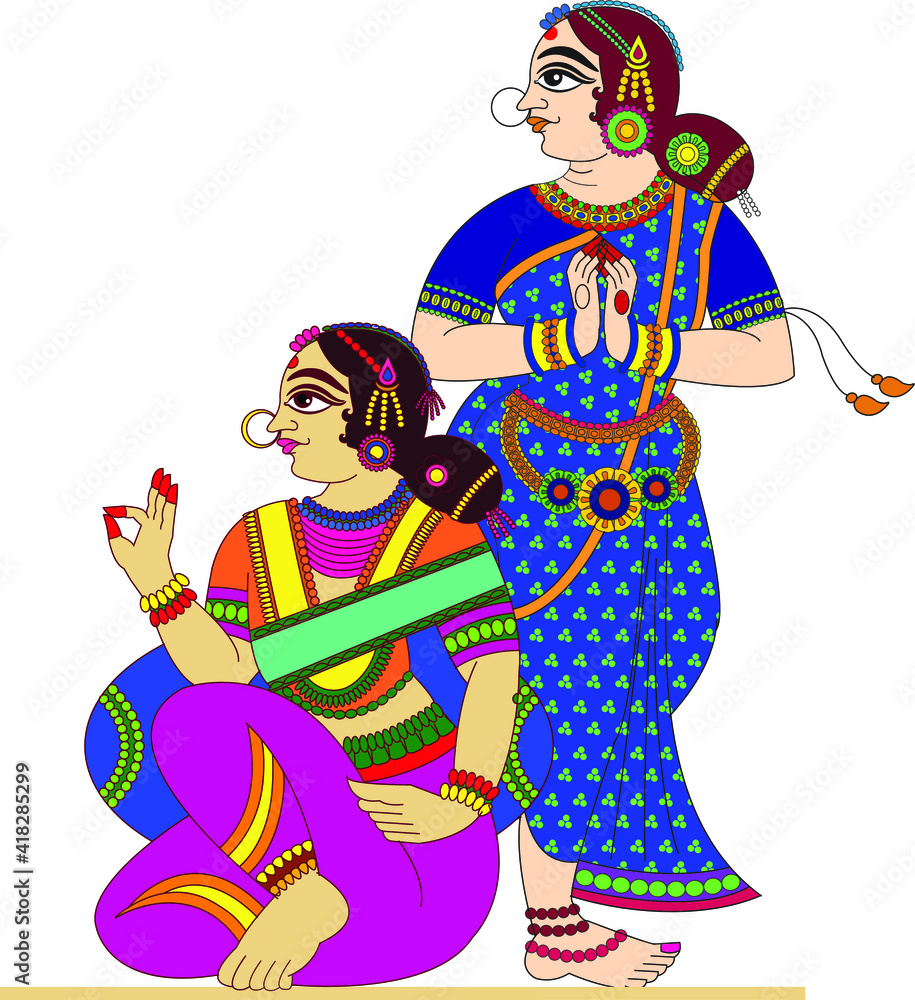 Naklejka premium women from royal families drawn in Madhubani Kalamkari style for textile printing, India. It can be used for a coloring book, textile/ fabric prints, phone case, greeting card. logo, calendar