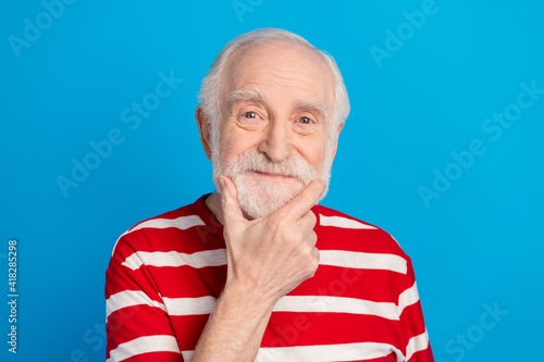 Photo of optimistic old grey hairdo man hand face wear red t-shirt isolated on bright blue color background