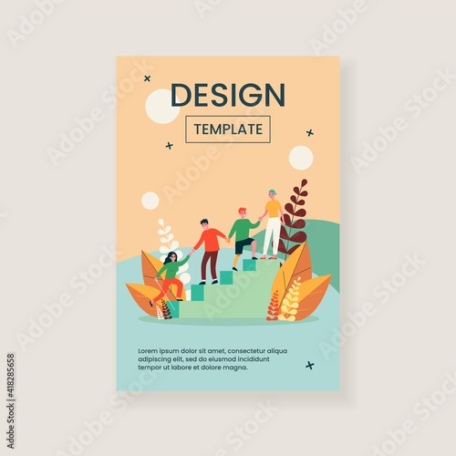 Disabled people helping to each other. Handicapped men and women holding hands and climbing upstairs flat vector illustration. Community, support concept for banner, website design or landing web page