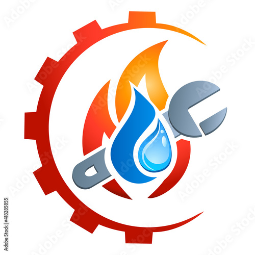 Klempner, Sanitär - Firmenlogo / Icon - Feuer, Wasser, Rollgabelschlüssel, Zahnrad