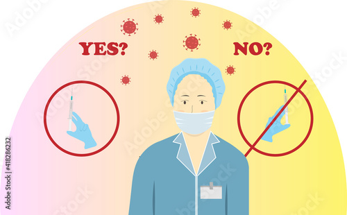 Masked medic doubts about vaccine, anti-vaccine movement, vaccine against corona virus, vector illustration
