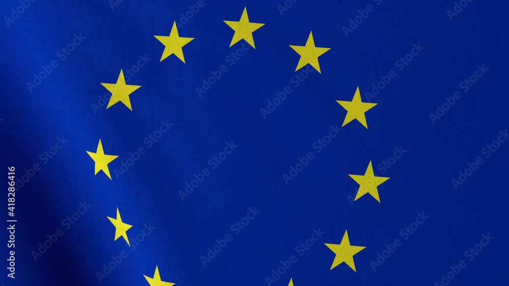 Waving Europe flag. European Union waved flag close up. European background, textile fabric surface. National sign of EU. 3d render 4k looped animation. Waving Europe flag. European Union waved flag close up. European background, textile fabric surface. National sign of EU. 3d render 4k looped animation.