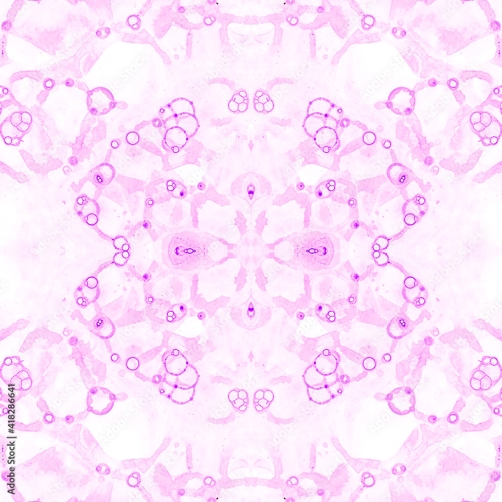 Pink seamless pattern. Amazing delicate soap bubbles. Lace hand drawn textile ornament. Kaleidoscope