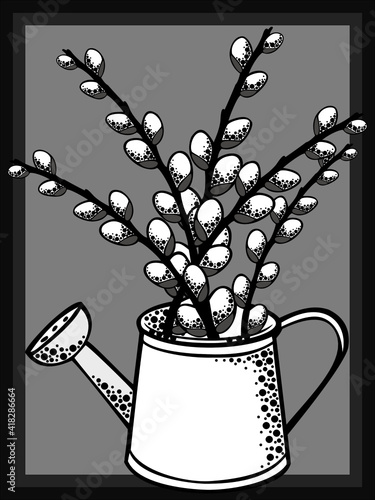 Vector black and white illustration, willow branches standing in a watering can