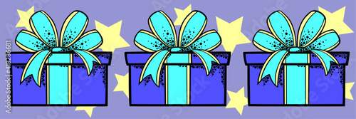 Vector illustration, seamless pattern, border blue gifts with blue bow