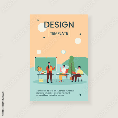 Happy school students sitting at desk in classroom. Girls and guys listening to lecture at college class. Vector illustration for audience, lesson, education, teacher job concept