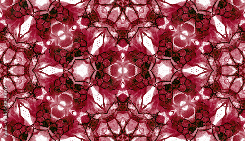 Red seamless pattern. Astonishing delicate soap bubbles. Lace hand drawn textile ornament. Kaleidosc photo