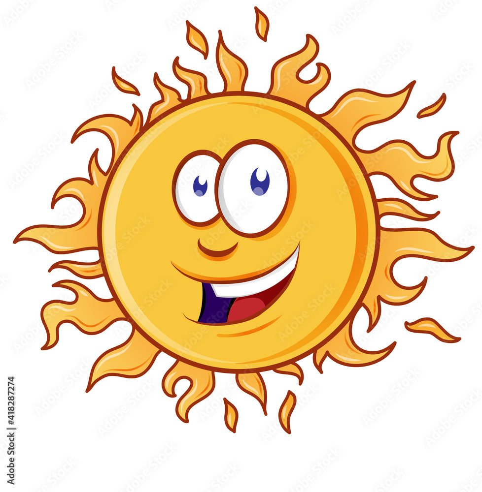 Happy cartoon yellow sun character smiling isolated on white bachground Happy cartoon yellow sun character smiling isolated on white bachground