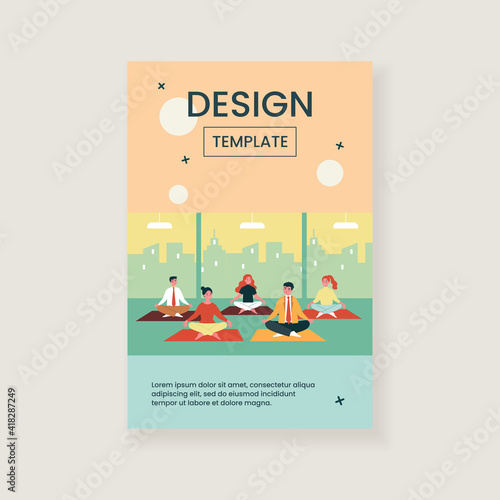 Office workers in yoga group flat vector illustration. Cartoon business people sitting in spiritual pose for meditation. Mindfulness and work concept