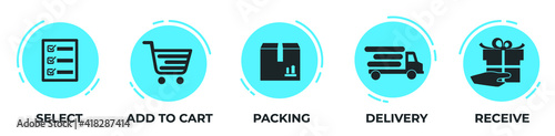Concept of shopping process with 5 successive steps. Five blue graphic elements. Timeline design for brochure, presentation, web site. Infographic vector design layout.