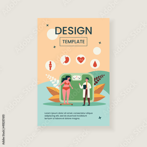 Doctor consulting overweight girl flat vector illustration. Cartoon tiny woman with diabetes standing on scales. Fat problem, health and obesity concept