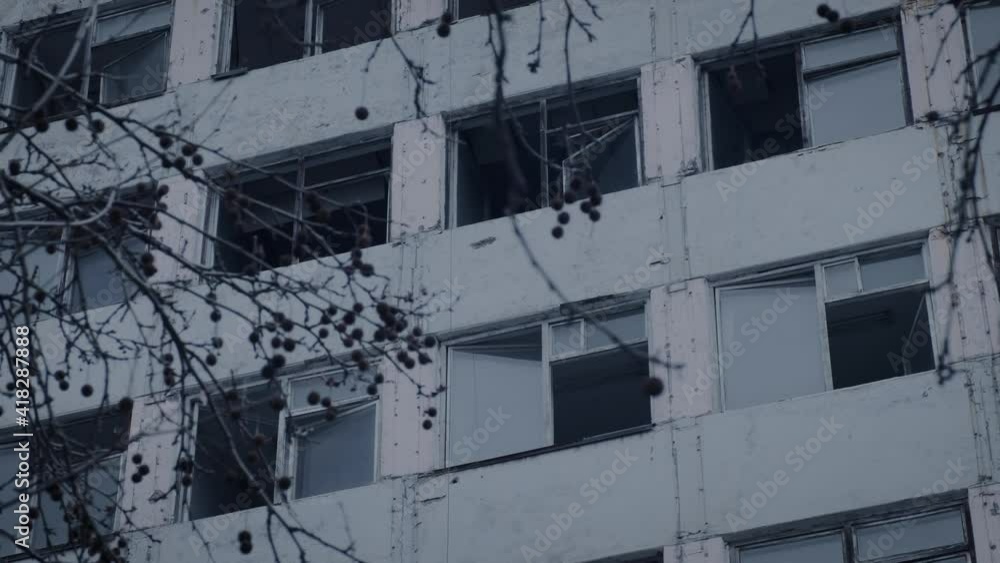 A multi-storey building with broken windows in disrepair. View through the dry branches of a tree.