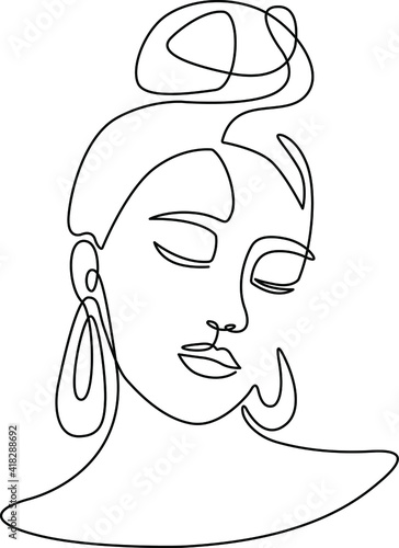 Minimalistic silhouette of woman face. Black and white illustration. White background. Messy hair bun. One line drawing.