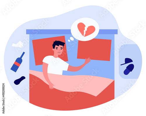 Man depressed about breakup. Unhappy divorcee with heartbreak, lying in bed, drinking alcohol. Flat vector illustration. Divorce, depression concept for banner, website design or landing web page