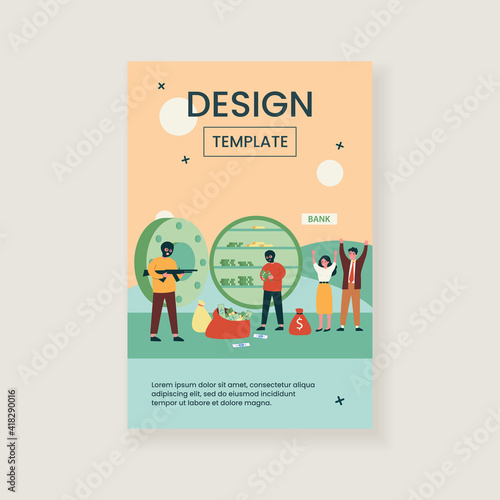 Gangsters and bank workers during robbery. Burglars with gun removing stacks of money from open safe to bags. Flat vector illustration for criminals, finance loss, security, crime concept