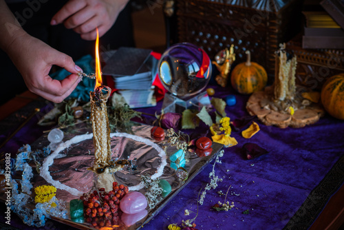 Candle magic. Wax handmade candles, esoteric and occultism concept