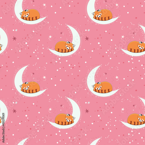 Seamless pattern with cute red panda sleepping on the half moon with a star. Illustration for banner, sticker and poster for baby rooms. Childish background.