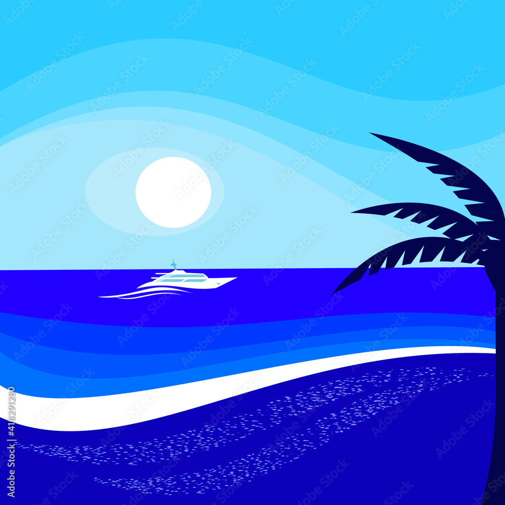 Summer, palm tree and yacht sailing in the sea. Vector  background illustration.
