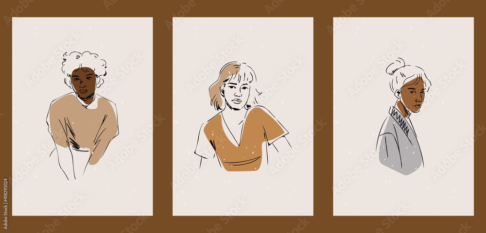 A set of three colorful aesthetic hand-drawn backgrounds. Minimalistic sketch posters for social networks, web design. Vintage illustrations with various shapes, girls, faces, portraits, lines. A set of three colorful aesthetic hand-drawn backgrounds. Minimalistic sketch posters for social networks, web design. Vintage illustrations with various shapes, girls, faces, portraits, lines.