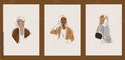 A set of three colorful aesthetic hand-drawn backgrounds. Minimalistic sketch posters for social networks, web design. Vintage illustrations with various shapes, girls, faces, portraits, lines.
