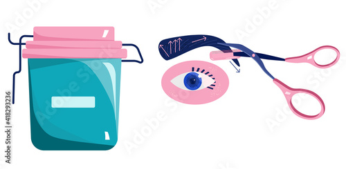 Eyebrow correction.Infographics and illustration for beauty salon.Coloring with henna or tattoo. Shaping.Hair removal. Special device for clipping and cutting. Jar with cream or wax.Vector drawing.