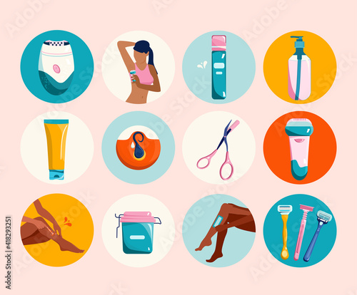 Hair removal concept.Shaving,depilation and waxing collection. Round icon set in retro flat Style.Hygiene equipment, devices, razors with blade for beauty procedure.Daily routine and skin care. Vector