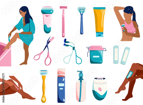 Hair removal collection in cartoon Style.Shaving,epilation and waxing set.Eyebrow correction.Lashes curling.Hygiene equipment,razors with blade for beauty procedure.Daily routine, skin care.Vector
