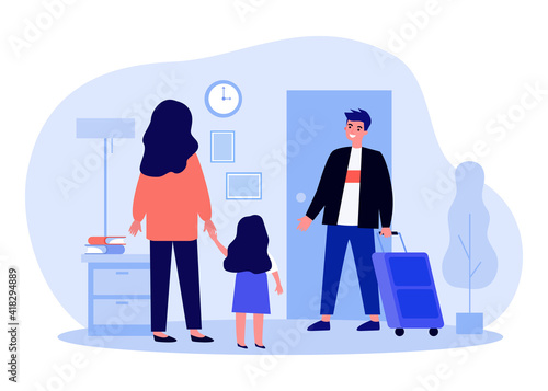 Mom and kid welcoming dad from trip. Happy father with luggage returning home to wife and daughter. Flat vector illustration. Family reunion concept for banner, website design or landing web page