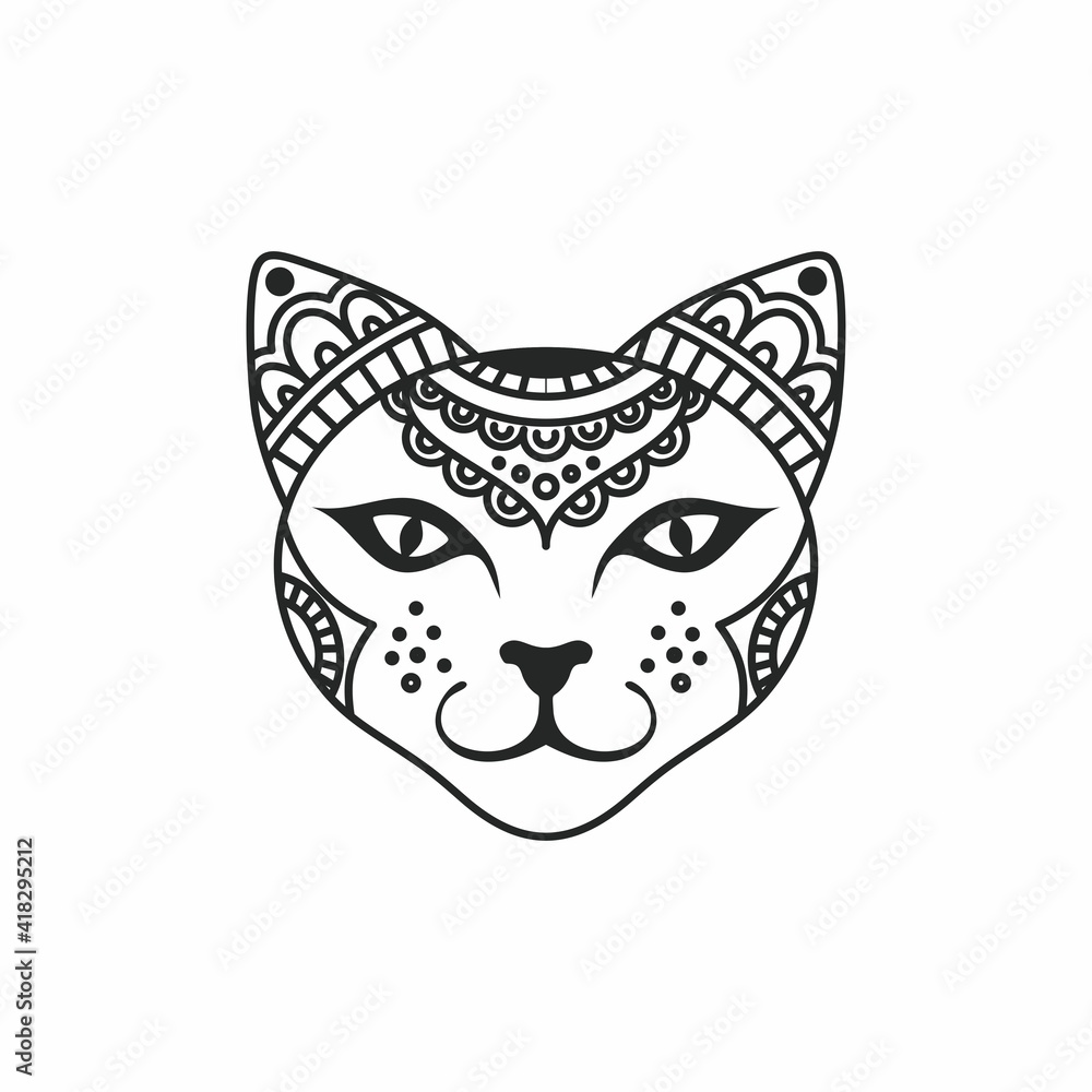 Stylized head of a cat. Linear beautiful patterns on a cat's head. Poster with a cat.