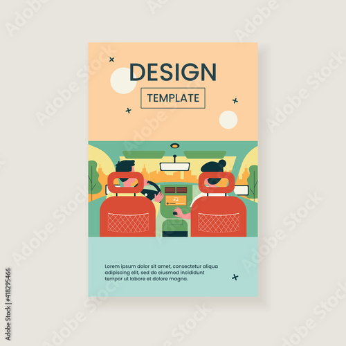 People listening to music while travelling by car. View from backseat of couple on passenger and driver seats inside car interior. Vector illustration for transportation, vehicle, trip concept