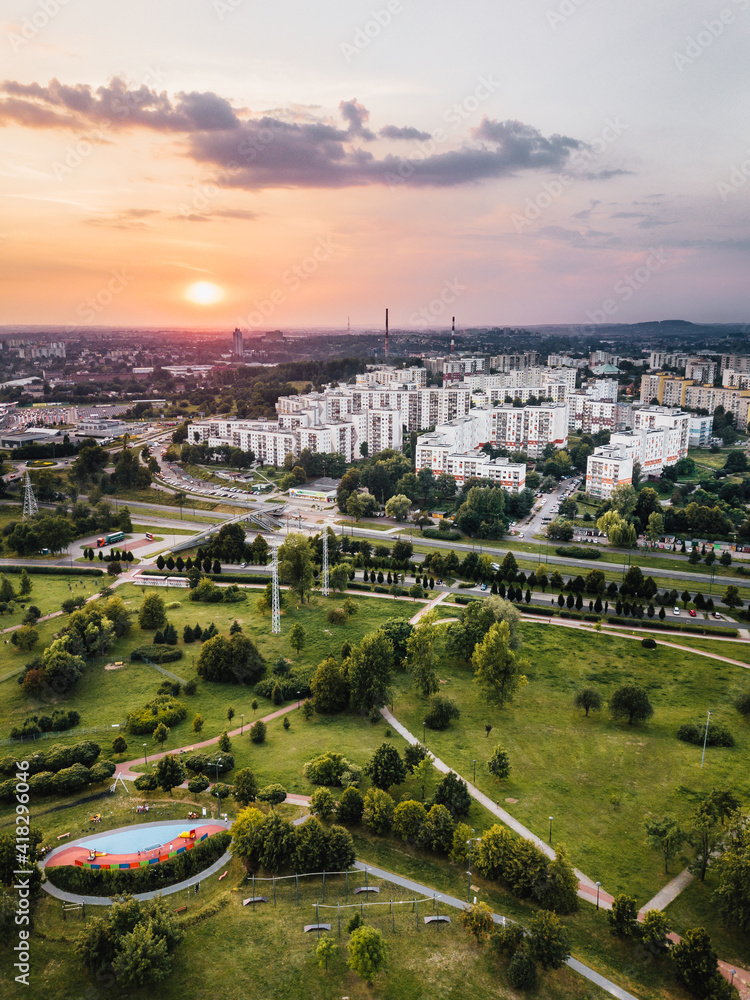 Sosnowiec Park Środula z powietrza - Zachód Słońca