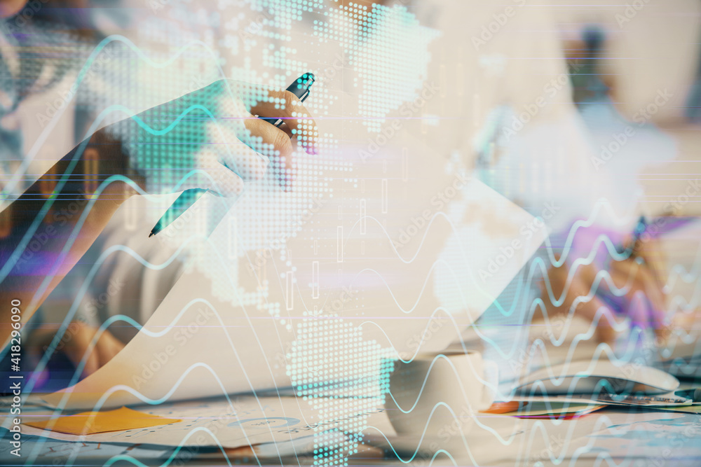 Double exposure of forex graph drawing over people taking notes background. Concept of financial analysis Double exposure of forex graph drawing over people taking notes background. Concept of financial analysis