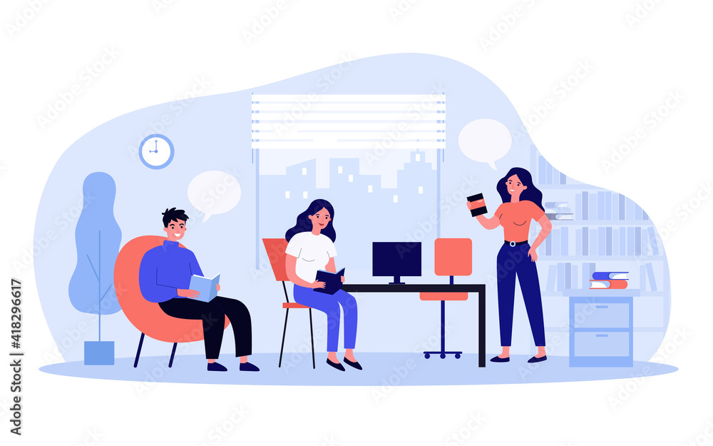 Students reading books in library. Group of readers meeting and discussing stories. Flat vector illustration. Bookworms club, hobby, literature concept for banner, website design or landing web page