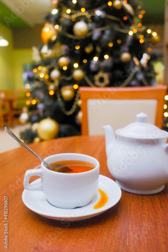 christmas cup of tea on the table