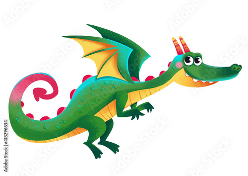 Cartoon green dragon. Cute funny bright style. Full-length dinosaur with wings. Children s cute illustration. The image is isolated on a white background.