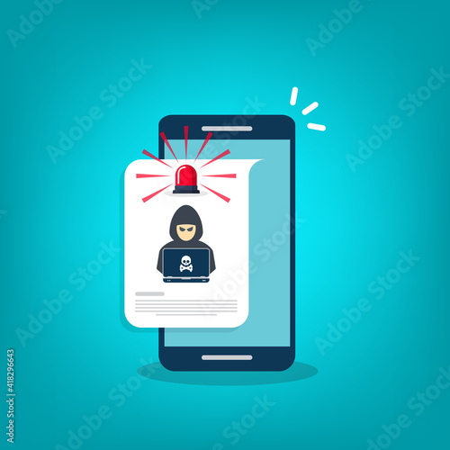 Hacker, malware notification on mobile phone. Smartphone with hacker alert, spam data on cellphone fraud error message, scam, virus.  	