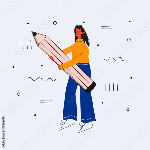 ethnic business woman with glasses holding a large pencil. Study and write concept. Filling out the diary by the student. An employee maintains accounting records. Trendy flat character textured
